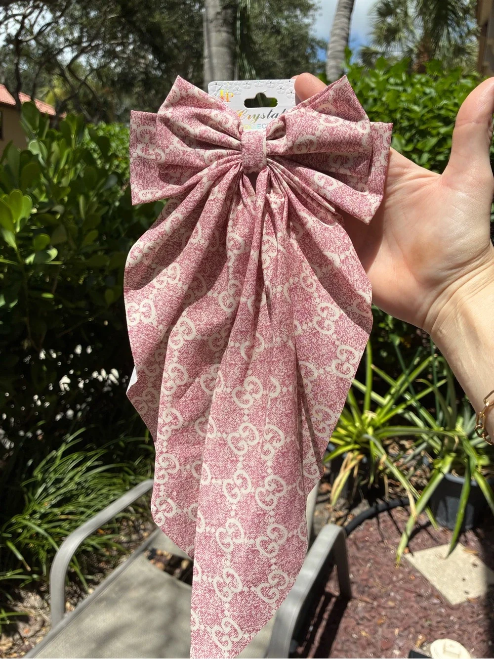 Pink & Cream Monogram Hair Bow Clip with Long Tails | NWT